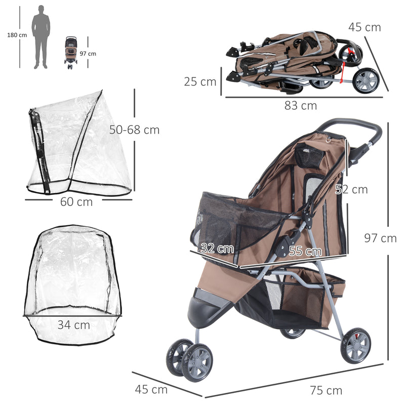 Dog Stroller with Cover for Small Miniature Dogs, Folding Cat Pram Dog Pushchair with Cup Holder, Storage Basket, Reflective Strips, Brown