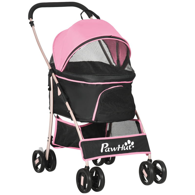 Detachable Pet Stroller, 3-In-1 Dog Cat Travel Carriage, Foldable Carrying Bag with Universal Wheel Brake Canopy Basket Storage Bag, Pink