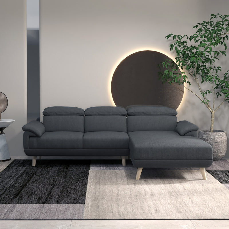 Corner Sofas for Living Room, Fabric L Shaped Sofa Settee with Adjustable Headrest, 3 Seater Couch, Dark Grey