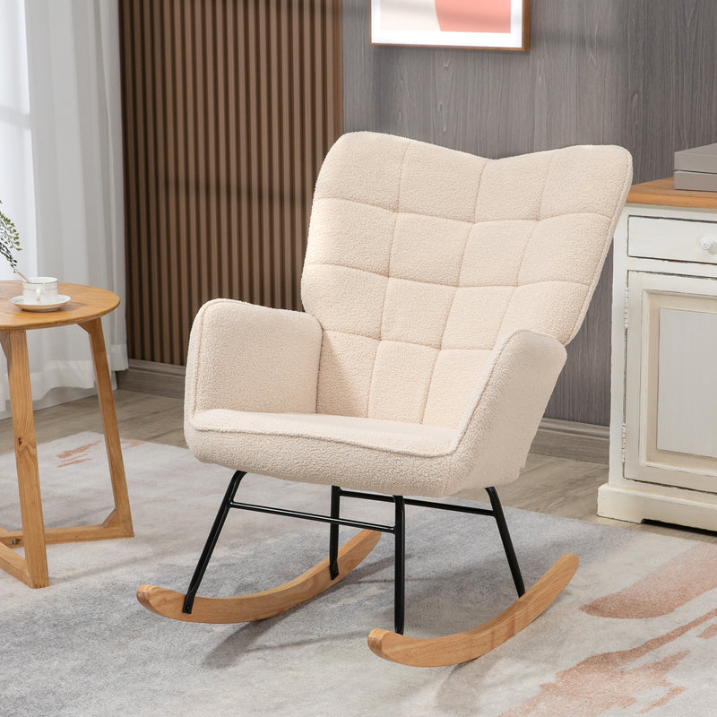Wingback Rocking Chair for Nursing, Berber Fleece Nursery Glider Rocker, Modern Armchair for Living Room, Beige