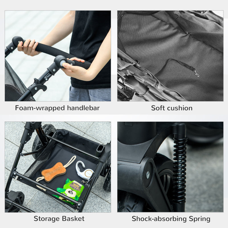 2-In-1 Design No-Zip Pet Stroller Detachable Bag Travel Trolley with Shock-absorbing System Brake Basket Adjustable Handlebar Safety Leash Grey