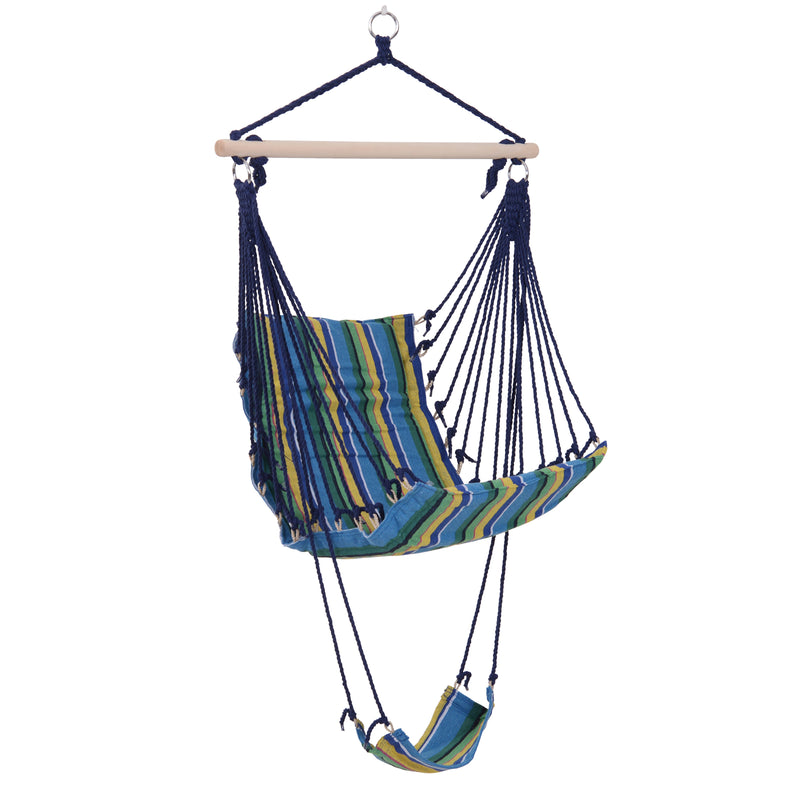Outdoor Hammock Hanging Rope Garden Yard Patio Swing Chair Seat Woodenwith Footrest Cotton Cloth Blue Stripe