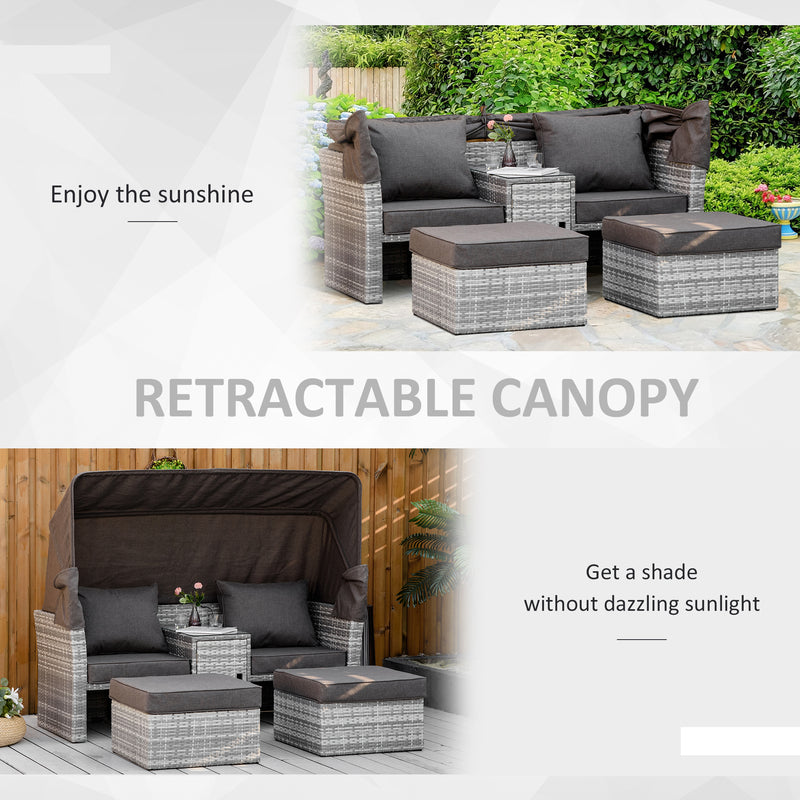 3 Pieces Outdoor PE Rattan Patio Furniture Set Daybed 2-Seater Sofa Footstool Tempered Glass Coffee Table Conversation Set, Olefin Cushion