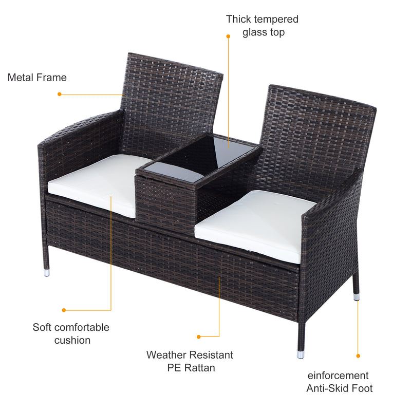 Garden Rattan 2 Seater Companion Seat Wicker Love Seat Weave Partner Bench w/ Cushions Patio Outdoor Furniture (Brown)