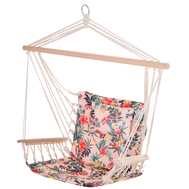 Garden Outdoor Hanging Hammock Chair Thick Rope Frame Wooden Arms Safe Wide Seat Garden Outdoor Spot Stylish Multicoloured floral