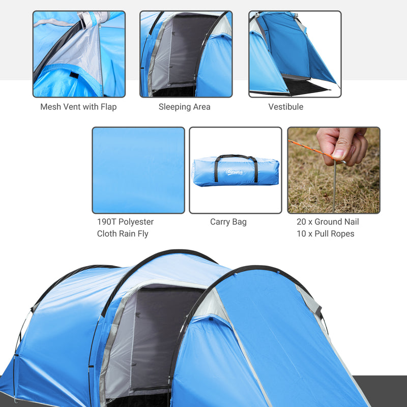 2-3 Man Tunnel Tents w/ Vestibule Camping Tent Porch Air Vents Rainfly Weather-Resistant Shelter Fishing Hiking Festival Shelter Blue