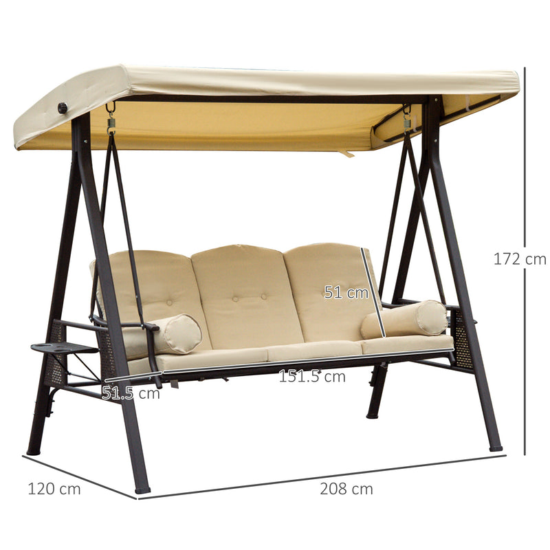 Steel Swing Chair Hammock Garden 3 Seater Canopy Cushion Shelter Outdoor Bench Beige