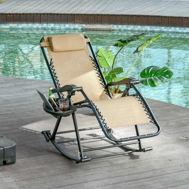 Garden Rocking Chair Folding Recliner Outdoor Adjustable Sun Lounger Rocker Zero-Gravity Seat with Headrest Side Holder Patio Deck - Beige