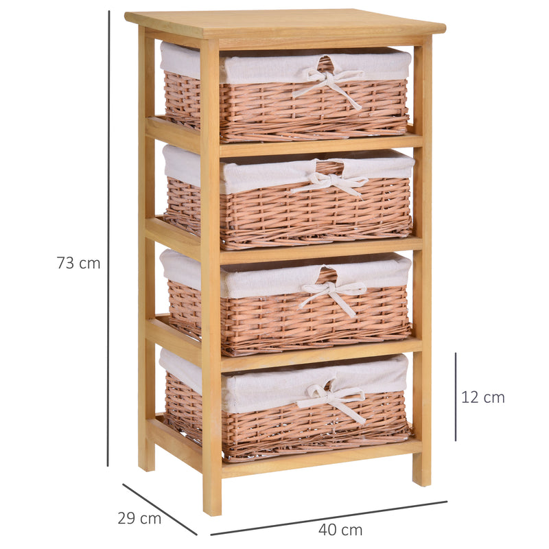 4 Drawer Dresser Wicker Basket Storage Shelf Unit Wooden Frame Home Organisation Cabinet Bedroom Office Furniture Natural Finish 73x40cm