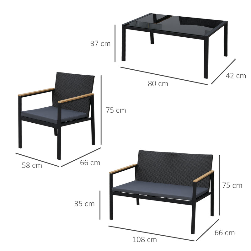 4PC Rattan Garden Furniture Set 2 Single Sofa Arm Chairs 1 Bench Loveseat with Cushions & Coffee Table Patio Backyard Wicker Weave