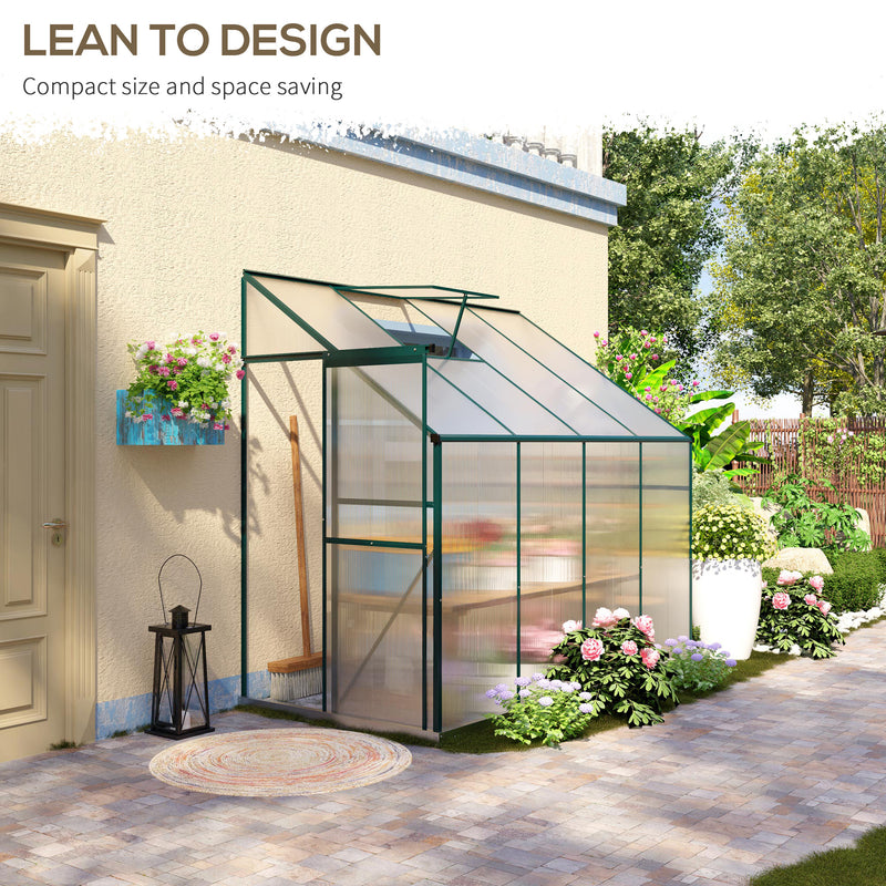 Walk-In Greenhouse Lean to Wall Greenhouse Garden Heavy Duty Aluminium Polycarbonate with Roof Vent for Plants, 253 x 127 x 220 cm