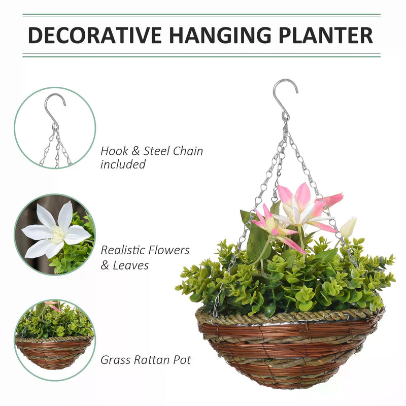 Pack of 2 Artificial Clematis Flowers Hanging Planter Basket for Indoor Outdoor Decoration