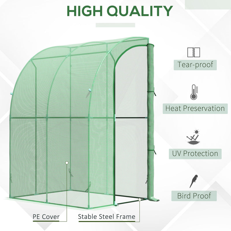 Walk-In Greenhouse Lean to Wall Tunnel Greenhouse with Zippered Roll Up Door PE Cover and Steel Frame for Garden, 143 x 118 x 212 cm