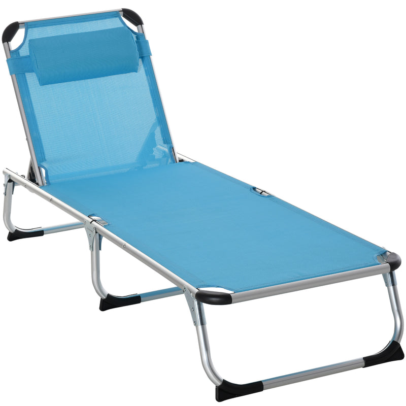 Foldable Reclining Sun Lounger Lounge Chair Camping Bed Cot with Pillow 5-Level Adjustable Back Aluminium Frame Blue