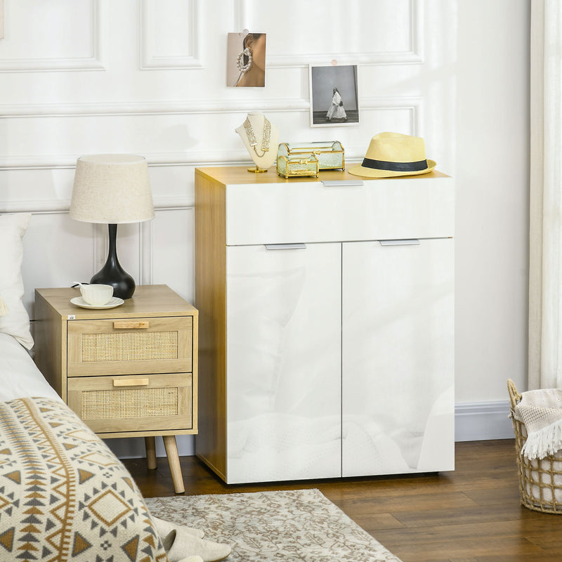 Modern Storage Cabinet, High Gloss Slim Sideboard with Drawer, Door Cupboard, Adjustable Shelves, White and Natural