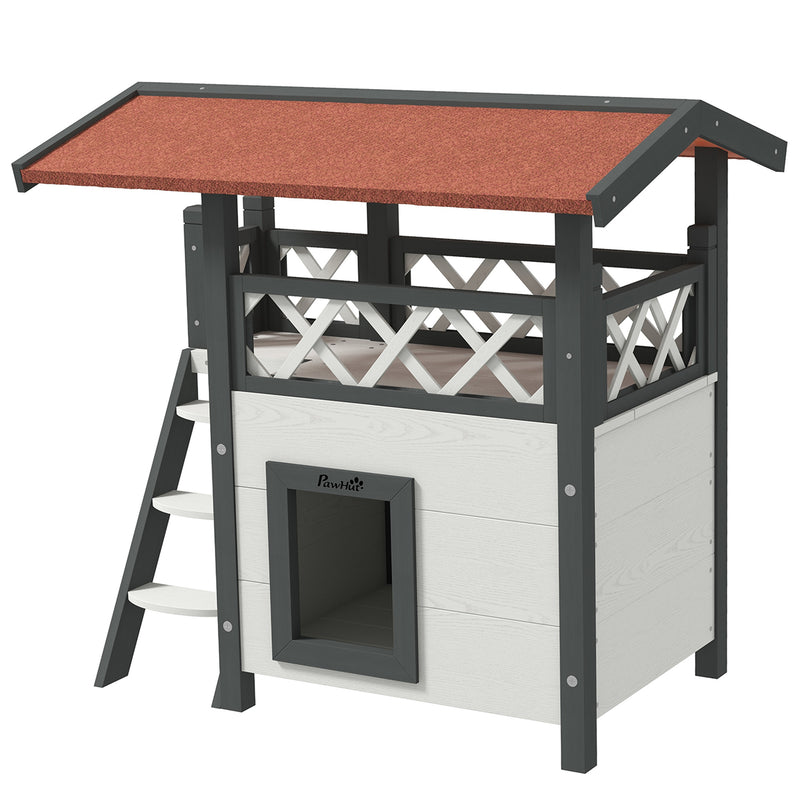 Cat House Outdoor w/ Balcony Stairs Roof, 77 x 50 x 73 cm, White