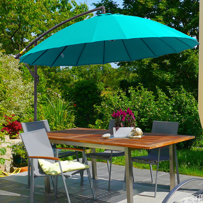 3(m) Cantilever Shanghai Parasol Garden Hanging Banana Sun Umbrella with Crank Handle, 18 Sturdy Ribs and Cross Base, Turquoise