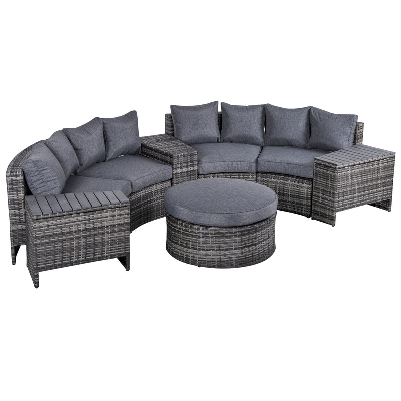 4-Seater Outdoor PE Rattan Wicker Sofa Set Half Round Conversation w/ 1 Umbrella Hole Side Table and 2 Storage Side Tables Grey