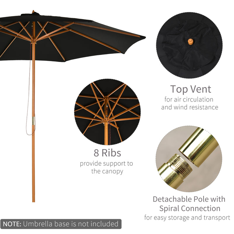 ⌀3m Bamboo Wooden Market Patio Umbrella Garden Parasol Outdoor Sunshade Canopy, 8-ribs,Black