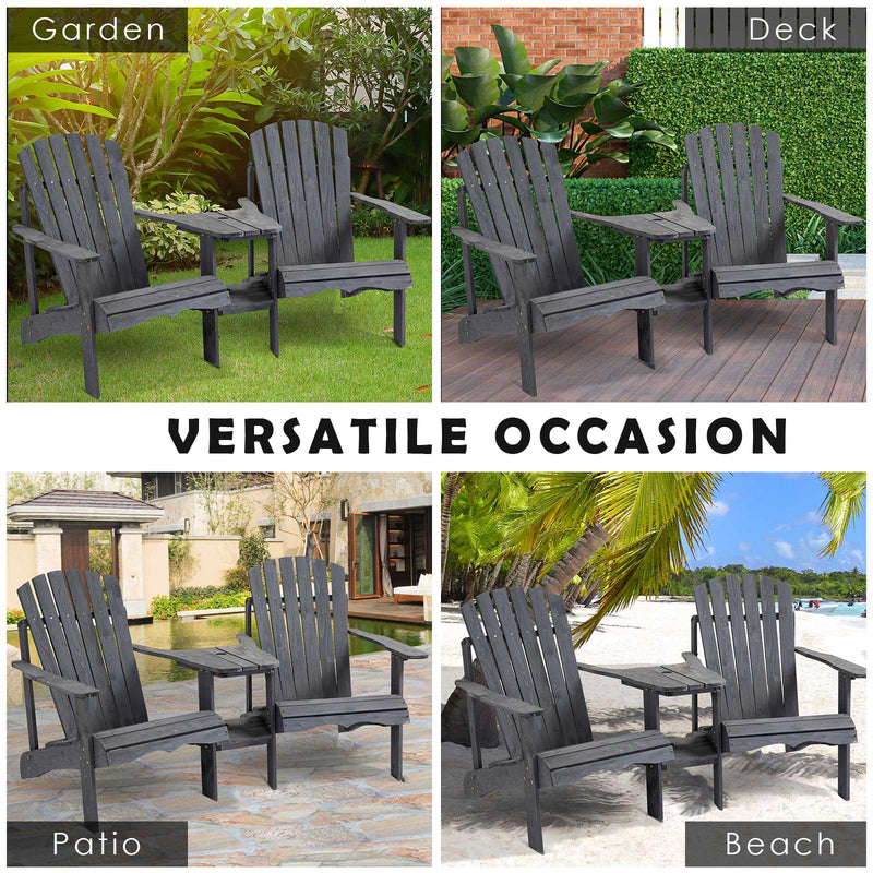 Wooden Outdoor Double Adirondack Chairs Loveseat w/ Center Table and Umbrella Hole, Garden Patio Furniture for Lounging and Relaxing, Grey