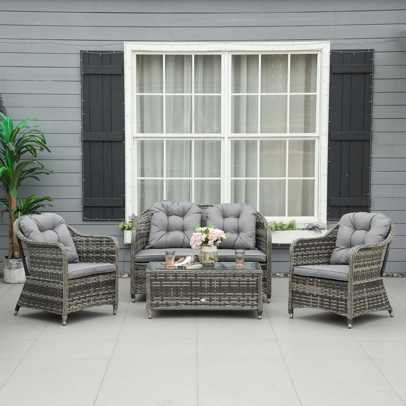 4-Seater PE Rattan Wicker Sofa Set Outdoor Conservatory Furniture Lawn Patio Coffee Table w/ Cushion - Grey