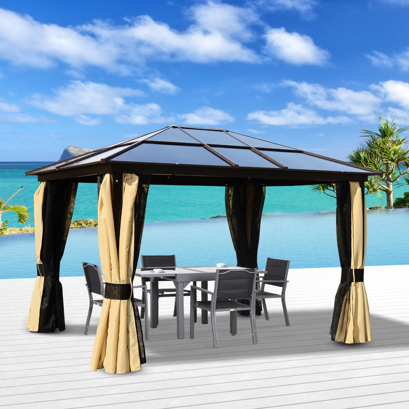 3.6 x 3(m) Polycarbonate Hardtop Gazebo with LED Solar Light and Aluminium Frame, Garden Pavilion with Mosquito Netting and Curtains