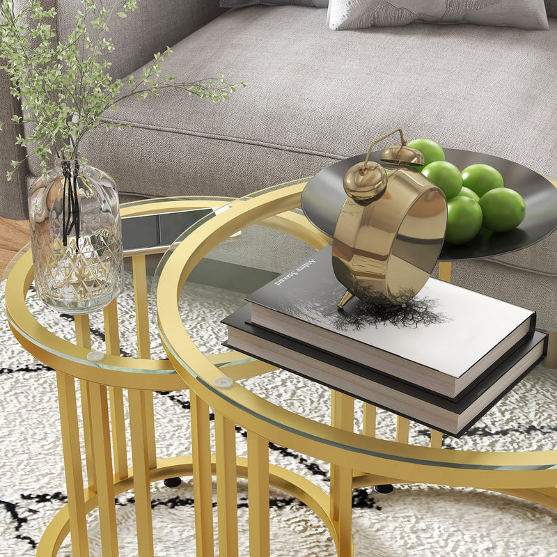 Round Coffee Tables Set of 2, Nesting Tables with Tempered Glass Top and Steel Frame, 60cmx60cmx47cm, Gold Tone
