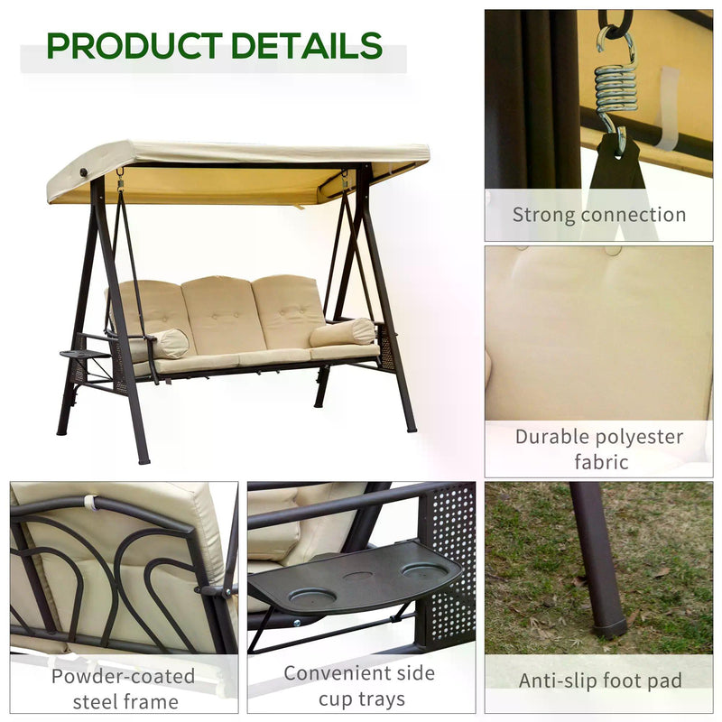 Steel Swing Chair Hammock Garden 3 Seater Canopy Cushion Shelter Outdoor Bench Beige