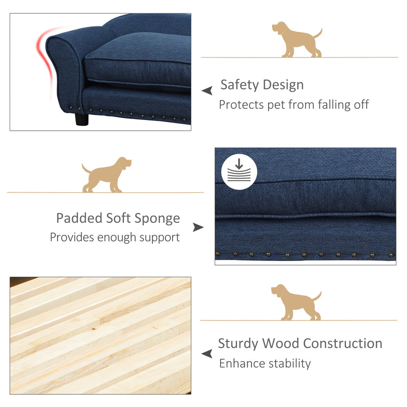 Dog Sofa for XS and S Size Dogs, Pet Chair Couch with Thick Sponge Padded Cushion, Kitten Lounge Bed with Washable Cover, Wooden Frame - Blue