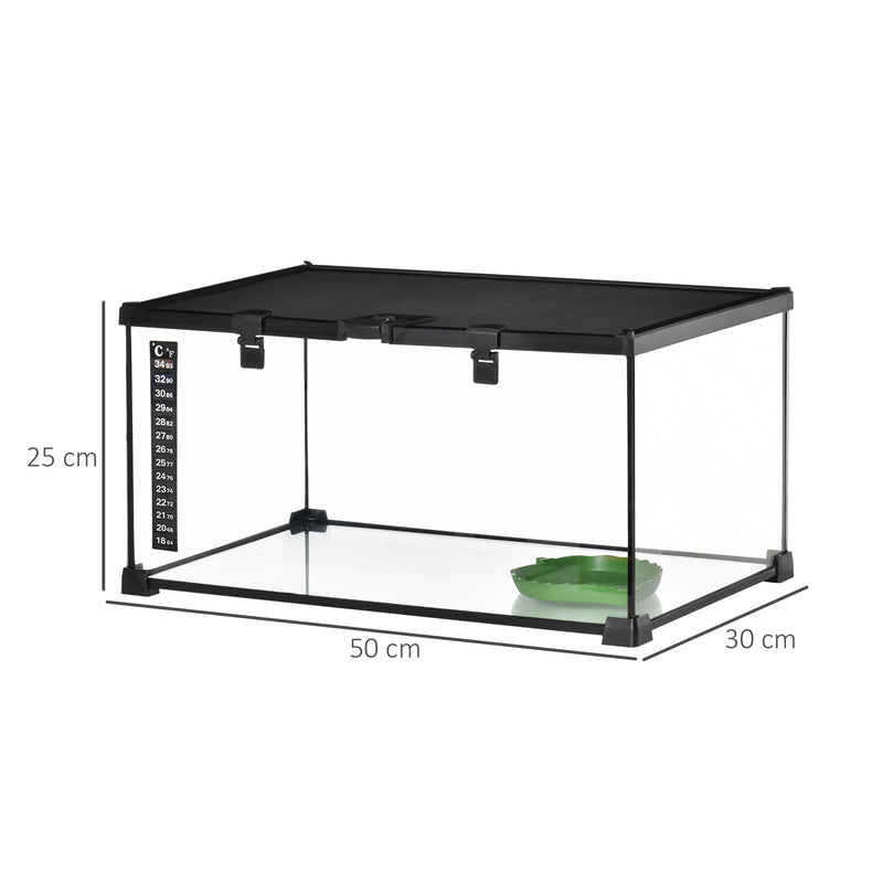 50 x 30 x 25 cm Reptile Glass Terrarium, Reptile Breeding Tank, Climbing pet Glass Containers, Arboreal Box, with Strip Patch Thermometer-Black