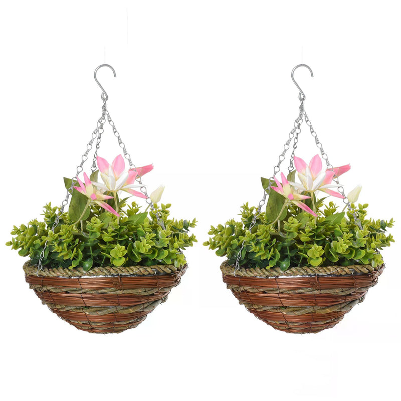 Pack of 2 Artificial Clematis Flowers Hanging Planter Basket for Indoor Outdoor Decoration