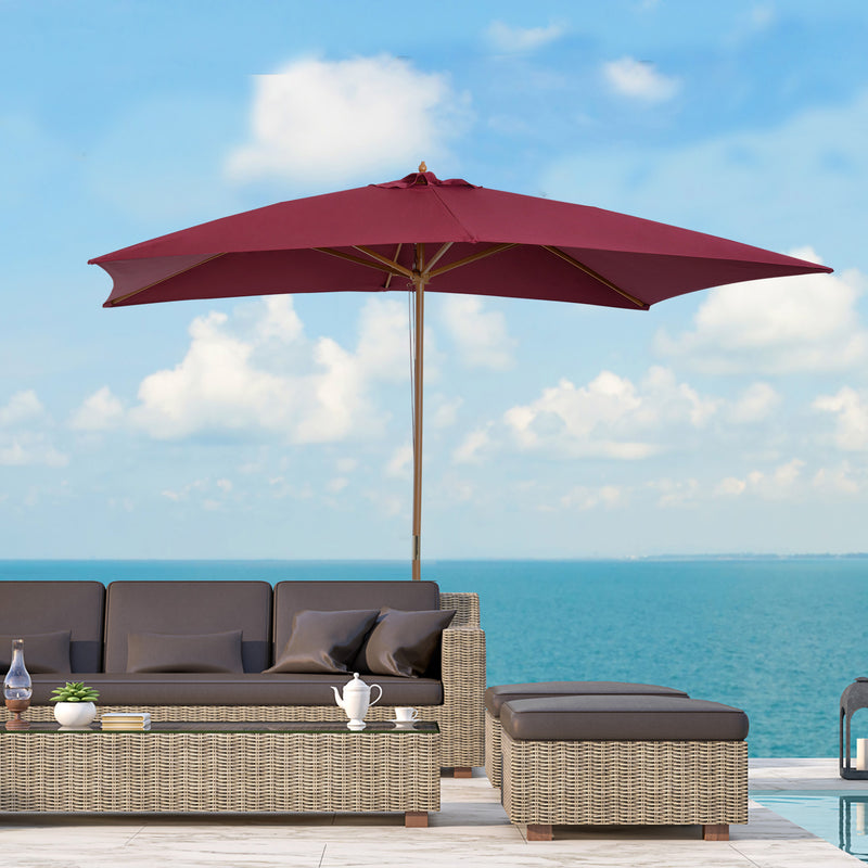 3m x 2m Wood Wooden Garden Parasol Sun Shade Patio Outdoor Umbrella Canopy New (Wine Red)