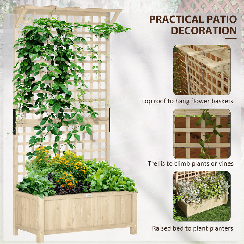 Raised Bed with Drainage Holes, Wood Planter with Trellis for Climbing Plants to Grow Vegetables, Flowers, Natural