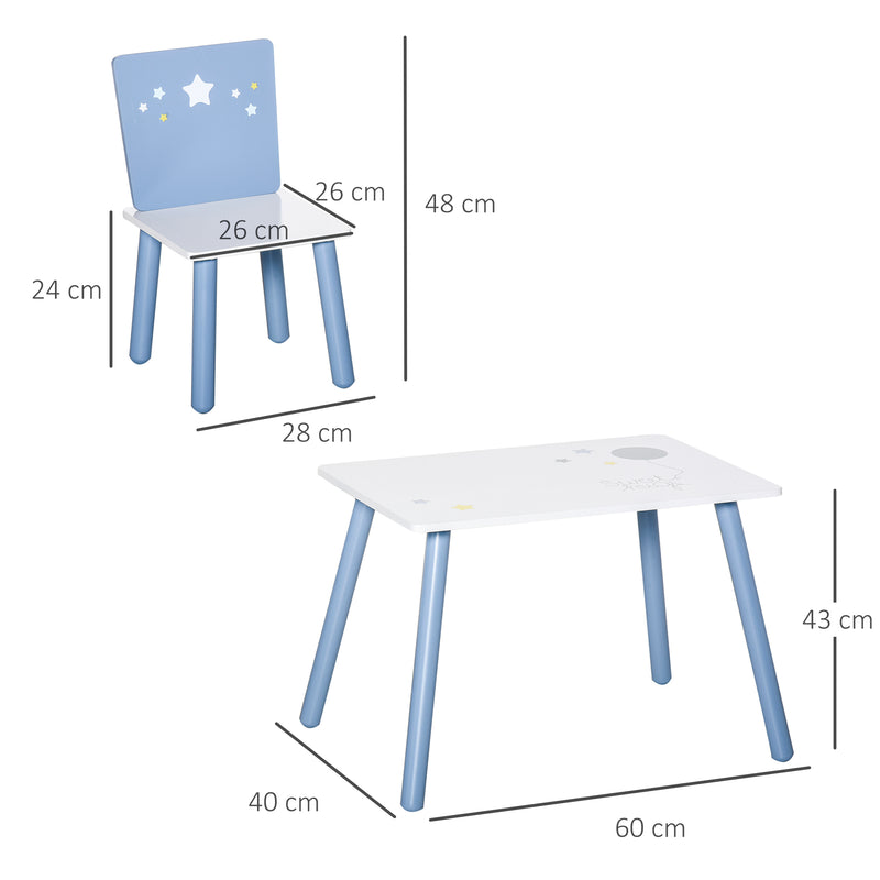 Kids Table and Chairs Set 3 Pieces 1 Table 2 Chairs Toddler Wooden Multi-usage Easy Assembly Star Image Ornament Blue and White