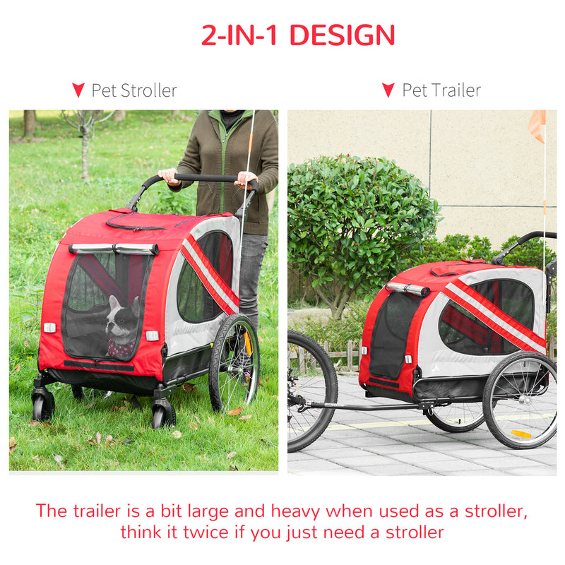 Dog Bike Trailer 2-in-1 Pet Stroller Cart Bicycle Carrier Attachment for Travel in steel frame with Universal Wheel Reflectors Flag Red