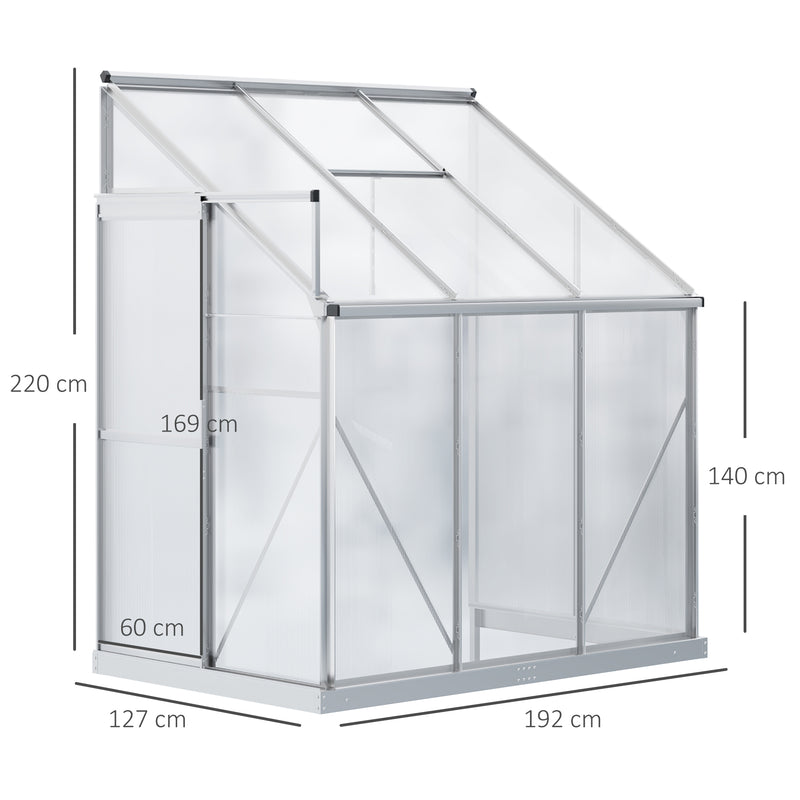 Walk-In Greenhouse Lean to Wall Greenhouse Garden Heavy Duty Aluminium Polycarbonate with Roof Vent for Plants, 192 x 127 x 220 cm