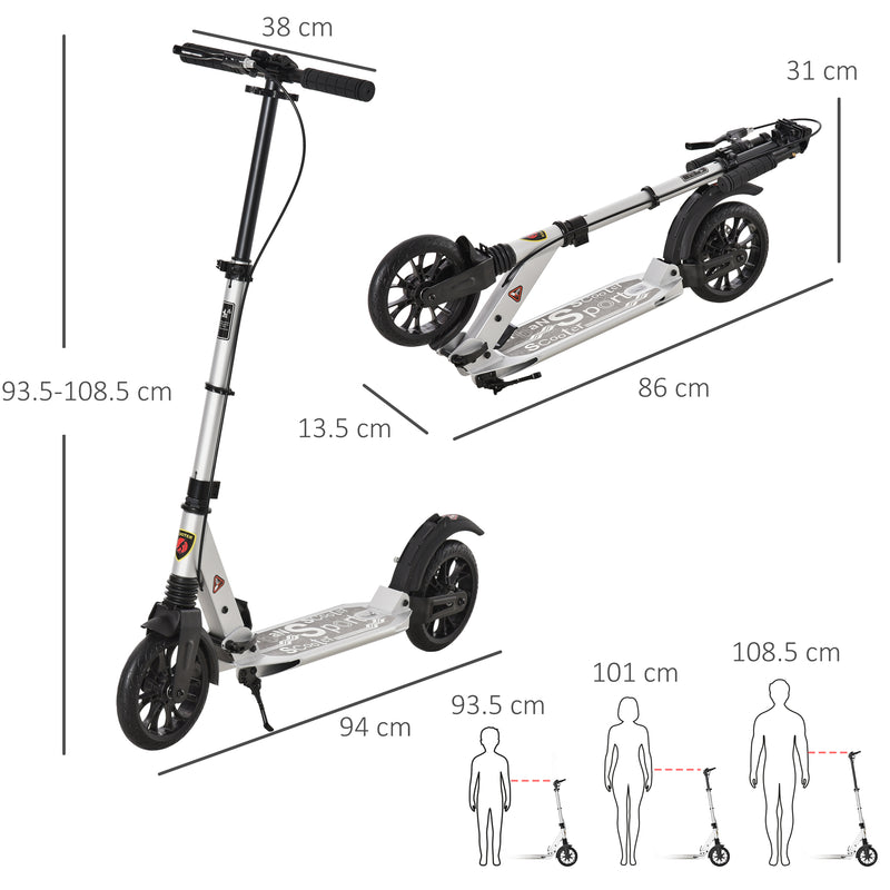 Adult Teens Kick Scooter Foldable Height Adjustable Aluminum Ride On Toy for 14+ with Rear Wheel & Hand Brake, Shock Mitigation System - Silver