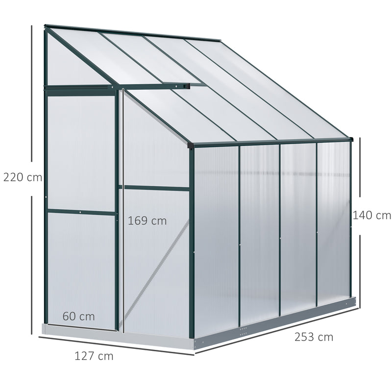 Walk-In Greenhouse Lean to Wall Greenhouse Garden Heavy Duty Aluminium Polycarbonate with Roof Vent for Plants, 253 x 127 x 220 cm