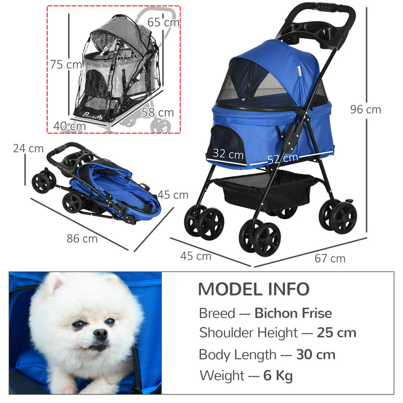 Dog Stroller with Rain Cover, Dog Pushchair One-Click Fold Trolley with EVA Wheels Brake Basket Adjustable Canopy Safety Leash