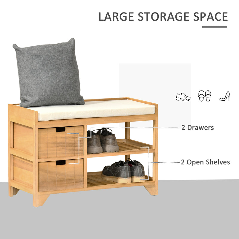 Wooden 2 Tier Shoe Storage Bench Rack Shelves Cushioned Seat Entryway Hallway Organiser with 2 Drawers - Natural Wood Colour