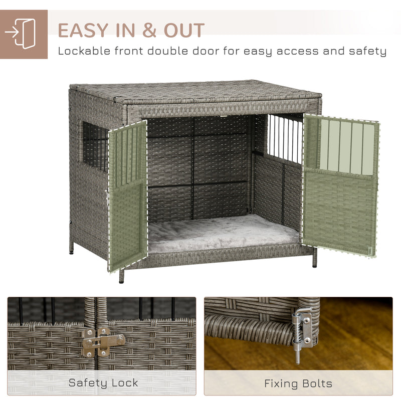 Wicker Dog Cage, Dog Crate with Double Doors and Soft Washable Cushion for Medium to Large Sized Dogs, 85 x 61 x 70 cm