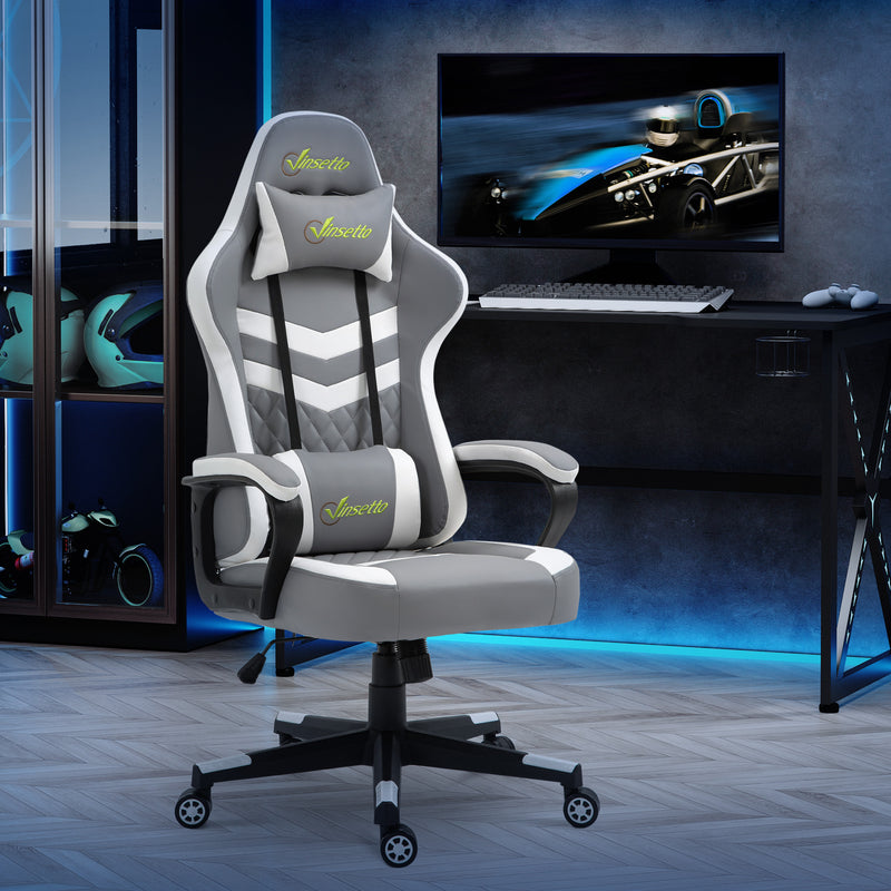 Racing Gaming Chair with Lumbar Support, Headrest, Swivel Wheel, PVC Leather Gamer Desk Chair for Home Office, Grey White