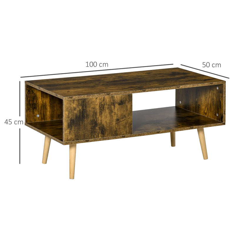 Coffee Table with Open Storage Shelves, Retro Cocktail Table with Solid Wood Legs for Living Room, Rustic Brown