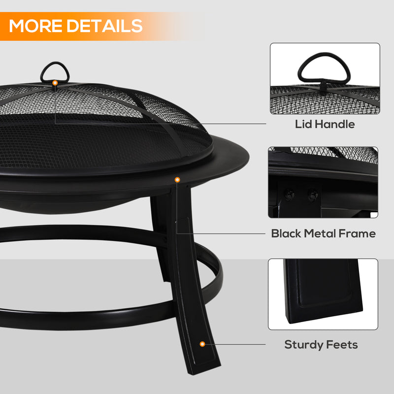 Metal Large Firepit Bowl Outdoor Round Fire Pit w/ Lid, Log Grate, Poker for Backyard, Camping, BBQ, Bonfire, 76 x 76 x 53cm, Black