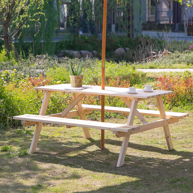 4 Seater Wooden Picnic Table Bench for Outdoor Garden or Patio w/ Parasol Cutout 150 cm