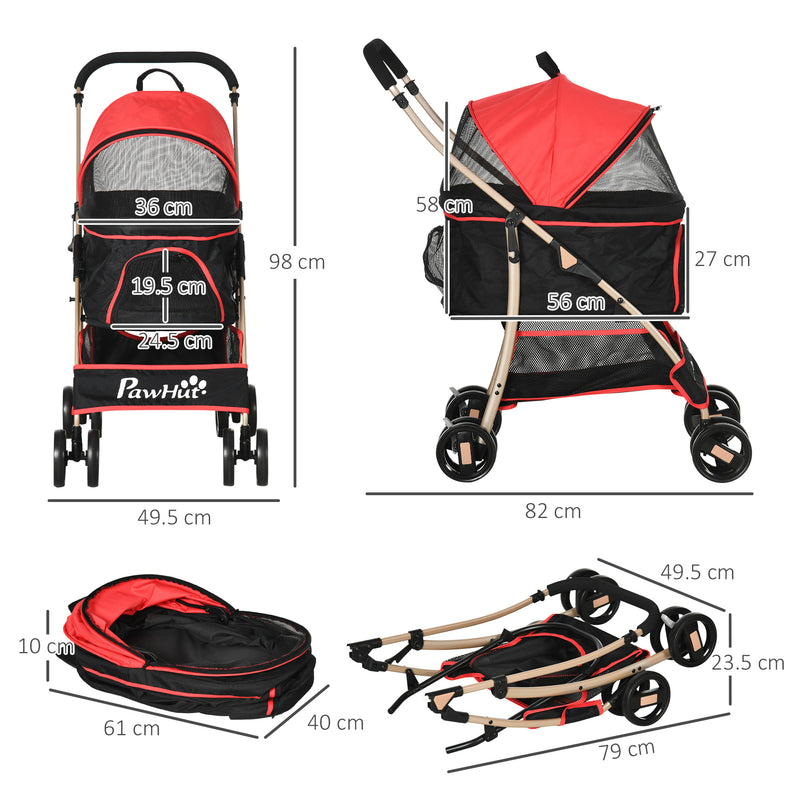 Pet Stroller Detachable 3-In-1 Dog Pushchair Cat Travel Carriage Foldable Bag w/ Universal Wheel, Brake Canopy for XS & S Sized Pets, Red