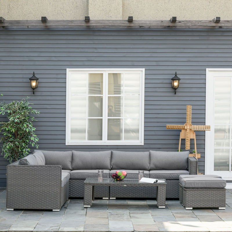 8-Seater PE Rattan Garden Corner Sofa Set Outdoor Wicker Conservatory Furniture Coffee Table Footstool, Grey