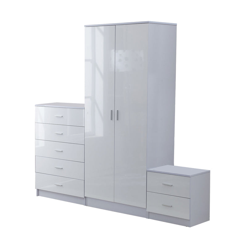 High Gloss 3 Piece Trio Bedroom Furniture Set Wardrobe + Chest Of Drawer + Bedside White