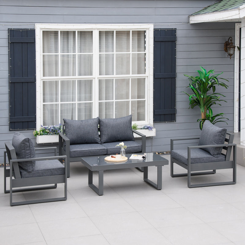 4 Piece Aluminium Garden Sofa Set with Coffee Table, Outdoor Furniture Set with Padded Cushions & Olefin Cover, Dark Grey