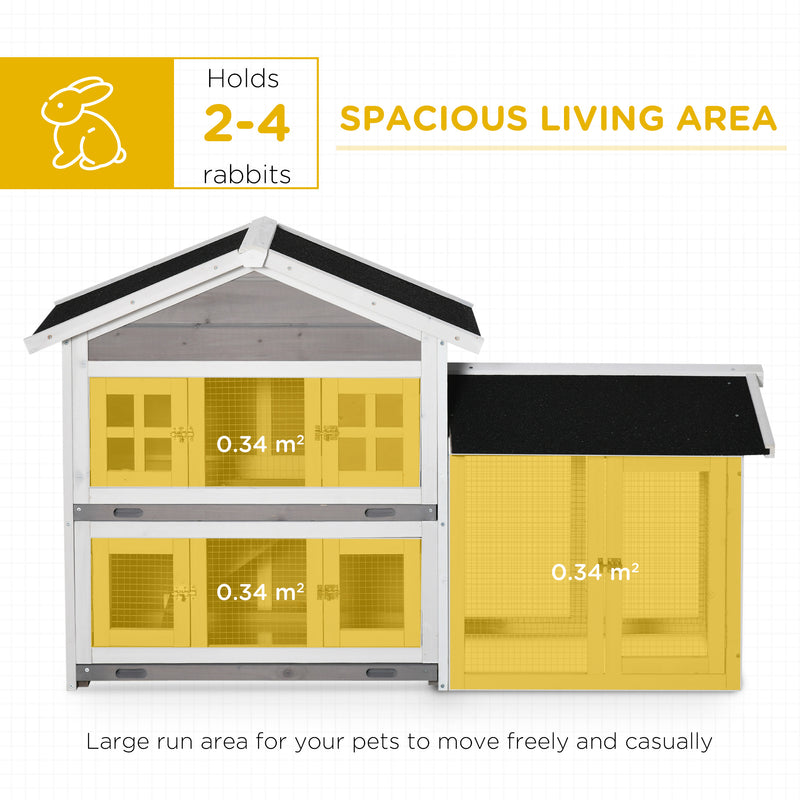 2 Tier Wooden Rabbit Hutch, Guinea Pig Cage, Bunny Run, Small Animal House for Indoor Outdoor with Slide-out Tray, Ramp, 150 x 55 x 91cm, Grey